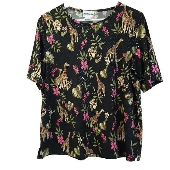 Bon Worth Giraffe Tshirt Size Medium Sequins Flowers Floral Black Pink - Picture 1 of 4